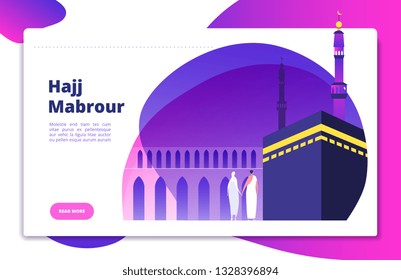 Hajj concept. Umrah hajj pray saudi people praying mabrour muslims travel makkah haram modern flat vector website design