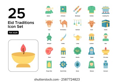 Hajj and Eid al-Adha Traditions. Pilgrimage, Sacrifice, and Islamic Symbols. Holy Festival Concept. Vector Illustration.