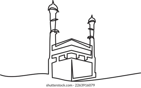 Icono del Hajj - Línea Kaaba. Icono de Kaaba. Continua línea de kaaba y minarete para el logo de viaje de la meca, símbolo de Ramadán, Eid, Hajj y Umrah Mubarak. Ilustración vectorial de la línea kaaba y minaret.