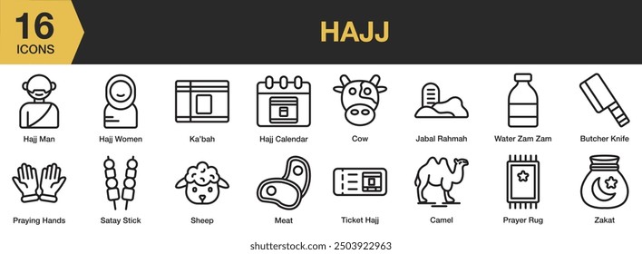 Hajj icon set. Includes ka'bah, meat, camel, hajj calendar, zam-zam water, and More. Outline icons vector collection.