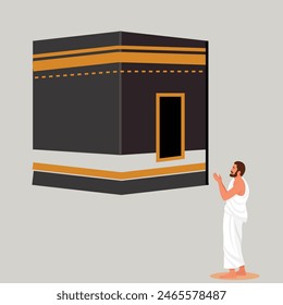 Hajj illustration with man praying at mecca