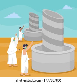 Hajj islamic pilgrimage ritual guide during pandemic covid-19. Flat style vector illustration of muslim characters stoning of the devil at Jamarat while wearing mask to prevent corona virus spread.