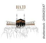 HAJJ. Kaaba Vector for Hajj Mabroor in Mecca Saudi Arabia. Hajj Mabrour And The Holy Mecca Greeting Islamic Illustration Background.  Muslim people are praying in Hajj