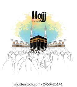 HAJJ. Kaaba Vector for Hajj Mabroor in Mecca Saudi Arabia. Hajj Mabrour And The Holy Mecca Greeting Islamic Illustration Background.  Muslim people are praying in Hajj