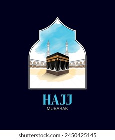 HAJJ. Kaaba Vector for Hajj Mabroor in Mecca Saudi Arabia. Hajj Mabrour And The Holy Mecca Greeting Islamic Illustration Background.  Muslim people are praying in Hajj