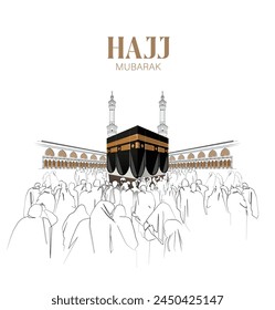 HAJJ. Kaaba Vector for Hajj Mabroor in Mecca Saudi Arabia. Hajj Mabrour And The Holy Mecca Greeting Islamic Illustration Background.  Muslim people are praying in Hajj