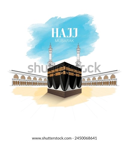 HAJJ. Kaaba Vector for Hajj Mabroor in Mecca Saudi Arabia. Hajj Mabrour And The Holy Mecca Greeting Islamic Illustration Background.  Muslim people are praying in Hajj. eid al adha mubarak