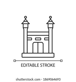 Hajj linear icon. Annual islamic pilgrimage to mecca. Mandatory religious duty for muslims. Thin line customizable illustration. Contour symbol. Vector isolated outline drawing. Editable stroke