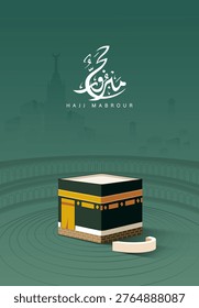 Hajj Mabroor 2026 Poster Design with Minimal Kaaba Illustration and Islamic Geometric Green Background