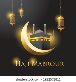 Hajj Mabrour background with Crescent, Lantern and Kaaba. Vector