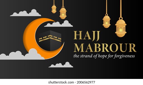 Hajj Mabrour Background with  flat Kaaba, Lantern, and 3d Crescent Moon
