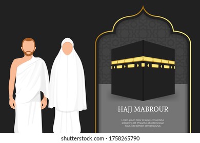 Hajj Mabrour background with Kaaba for hajj mabroor in Mecca Saudi Arabia. Luxury Islamic background with male and female pilgrimage characters.