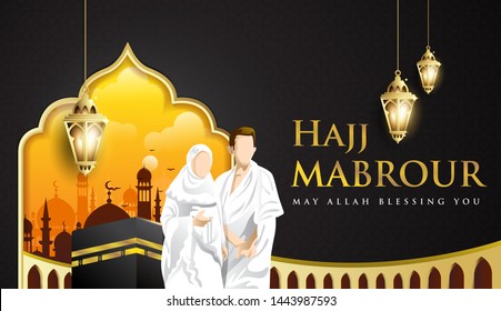 Hajj Mabrour background with Kaaba, man and woman Hajj Character