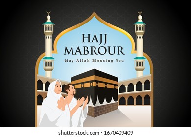 Hajj Mabrour background with Kaaba, man and woman Hajj Character