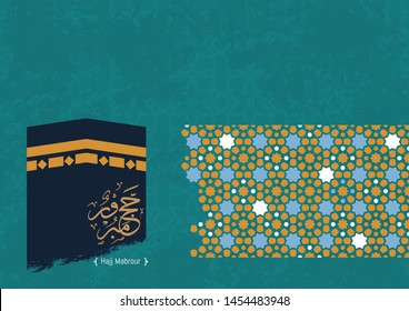 Hajj Mabrour background with kaabah and arabic calligraphy is spelled ''Hajj Mabrour'' which means ''An accepted pilgrimage . Blue islamic occasions eid ul adha or eid ul fitr