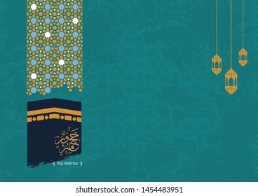 Hajj Mabrour background with kaabah and arabic calligraphy is spelled ''Hajj Mabrour'' which means ''An accepted pilgrimage . Blue islamic occasions eid ul adha or eid ul fitr