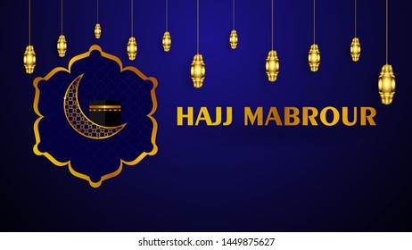 Hajj Mabrour background with ornament mosque, kaaba, lanterns and crescent moon. islamic background template. EPS 10.