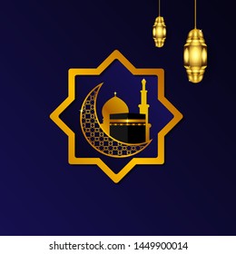 Hajj Mabrour background with ornament mosque, kaaba, lanterns and crescent moon. islamic background template. EPS 10.