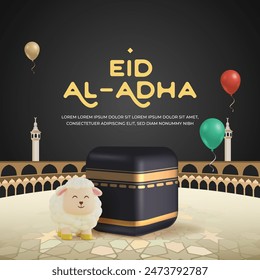 Hajj mabrour eid al adha greeting card post background design with 3d Kaaba and sheep