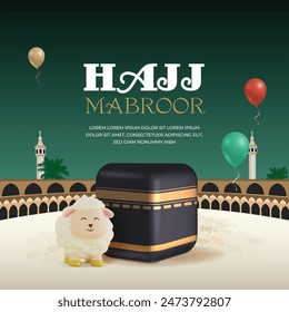 Hajj mabrour eid al adha greeting card post background design with 3d Kaaba and sheep
