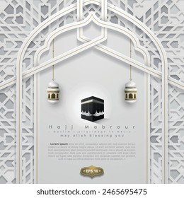 Hajj Mabrour Greeting Card Islamic Floral Pattern Vector Design With Arabic Calligraphy And Kaaba For Background, Banner, Wallpaper, Cover, Flyer. Translation Of Text : MUSLIM'S PILGRIMAGE TO MECCA