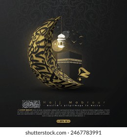 Hajj Mabrour Grußkarte Islamische Illustration Hintergrund Vektorgrafik Design mit arabischer Kalligraphie, Kaaba und Mond für Banner, Bildschirmhintergrund, Cover, Flyer. Übersetzung von Text : MUSLIMISCHE PILGERREISE NACH MEKKA