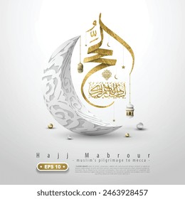 Hadsch Mabrour Gruß Islamische Illustration Hintergrund Vektorgrafik Design mit glänzender arabischer Kalligraphie, Kaaba, Mond für Banner, Bildschirmhintergrund, Cover, Flyer. Übersetzung von Text : MUSLIMISCHE PILGERREISE NACH MEKKA