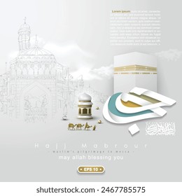 Hajj Mabrour Greeting Islamic Illustration Background Vector Design With Arabic Calligraphy, Kaaba and Lantern For Banner, Wallpaper, Cover, Flyer. Translation Of Text : MUSLIM'S PILGRIMAGE TO MECCA