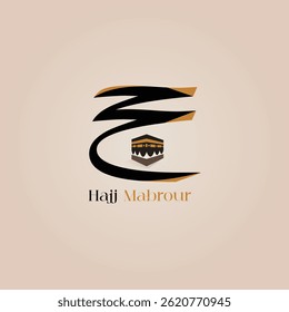 Hajj Mabrour Islamic banner template design with kaaba illustration and Arabic calligraphy - Translation of text: Hajj (pilgrimage). May Allah accept your Hajj and reward you for your efforts