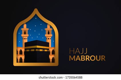 hajj mabrour Islamic event pilgrimage to Mecca, Saudi Arabia. kaaba building at the window view with golden frame and black background. eid al adha mubarak. greeting card template