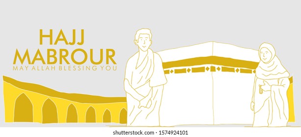 Hajj Mabrour is mean peace with pray background with Kaaba, man and woman Hajj Character vector illustration in eps10