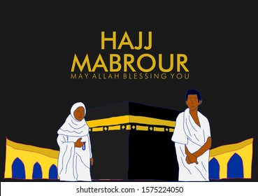 Hajj Mabrour means peace with pray background with Kaaba, man and woman Hajj Character vector illustration in eps10