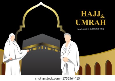 Hajj Mabrour Umrah background with Kaaba, man and woman Hajj Character in vector