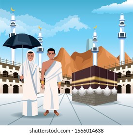 hajj mabrur celebration with people in mosque vector illustration design