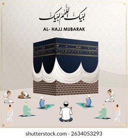 Hajj Mubarak – حج مبارك Arabic Calligraphy with Kaaba Illustration, Islamic Pilgrimage Greeting, Eid al-Adha Design, Holy Mecca, Religious Vector Art (Translation: Blessed Hajj)