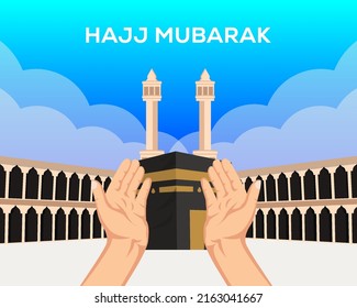 hajj Mubarak flat design with hands praying position on front holy Kaaba