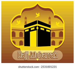 Hajj Mubarak Peregrinación islámica Kaaba fondo. Vector plano ilustración moderna 