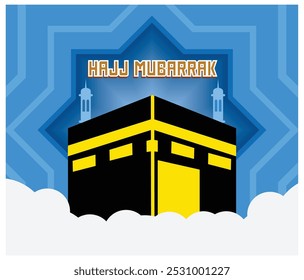 Peregrinación islámica de Hajj Mubarak con tarjeta de felicitación realista de la meca. ilustración moderna de Vector plano 