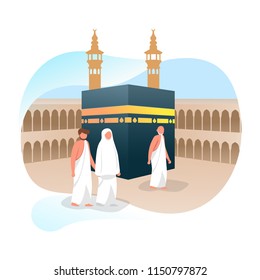 Hajj Muslim Around Kaaba Islamic Greeting Vector Illustration