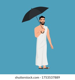 Hajj Pilgrim holding an umbrella vector . hajj season