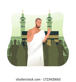 Peregrino Hajj vestido con ropas ihram rezando frente a Kaaba. Hajj o Umrah con ilustración de caricatura plana