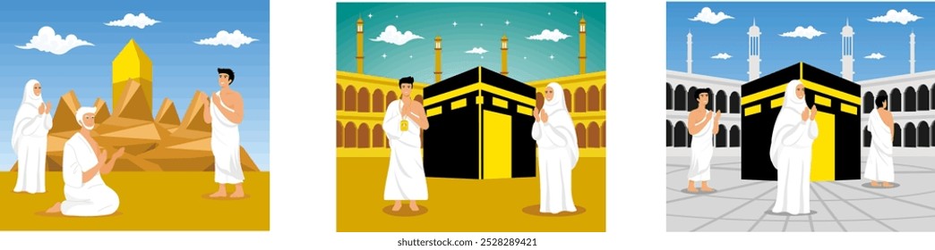 Peregrinación Hajj con musulmanes realizando Wukuf. Hombre y mujer musulmanes rezando frente a Kaaba. Tawaf está caminando alrededor de Kaaba siete veces. Conjunto de ilustración moderna de Vector plano 