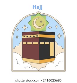 Hajj pilgrimage representation with Kaaba icon. Spiritual journey of Muslims to Mecca captured in a stylized vector. Flat design illustration