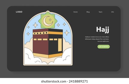 Representación de peregrinación del Hajj con el ícono de Kaaba. Un viaje espiritual de musulmanes a La Meca capturado en un vector estilizado. Ilustración de diseño plano
