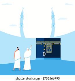 Personajes de peregrinos del Hajj frente a Kaaba. Idóneo para infografía.