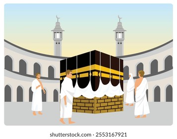 Los peregrinos del Hajj con ropa de ihram realizan tawaf. Camina alrededor de la Kaaba siete veces. Concepto de peregrinación islámica Hajj. Ilustración vectorial plana.