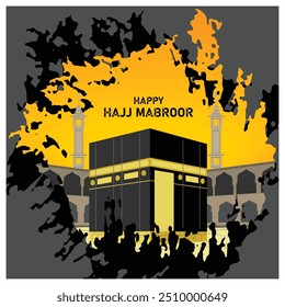 Los peregrinos del Hajj están en La Meca. Adoran y rezan fervientemente frente a la Kaaba. Concepto islámico del Hajj. Ilustración vectorial plana.