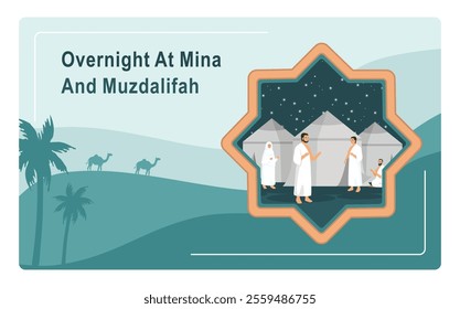 Hajj pilgrims perform mabit or spend the night in Mina and Muzdalifah. Pilgrims rest in tents at night. Islamic Hajj concept. Flat vector illustration. 