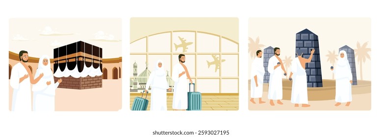 Hajj pilgrims perform the Hajj pilgrimage. Wearing ihram clothing. Prepare to leave for in airport. Islamic Hajj Pilgrimage concept.  Set flat vector illustration.