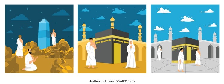 Hajj pilgrims perform wukuf at Arafah. Muslims perform the pilgrimage. One of the rituals of Hajj is performing Tawaf. Islamic Hajj Pilgrimage concept. Set flat vector illustration.